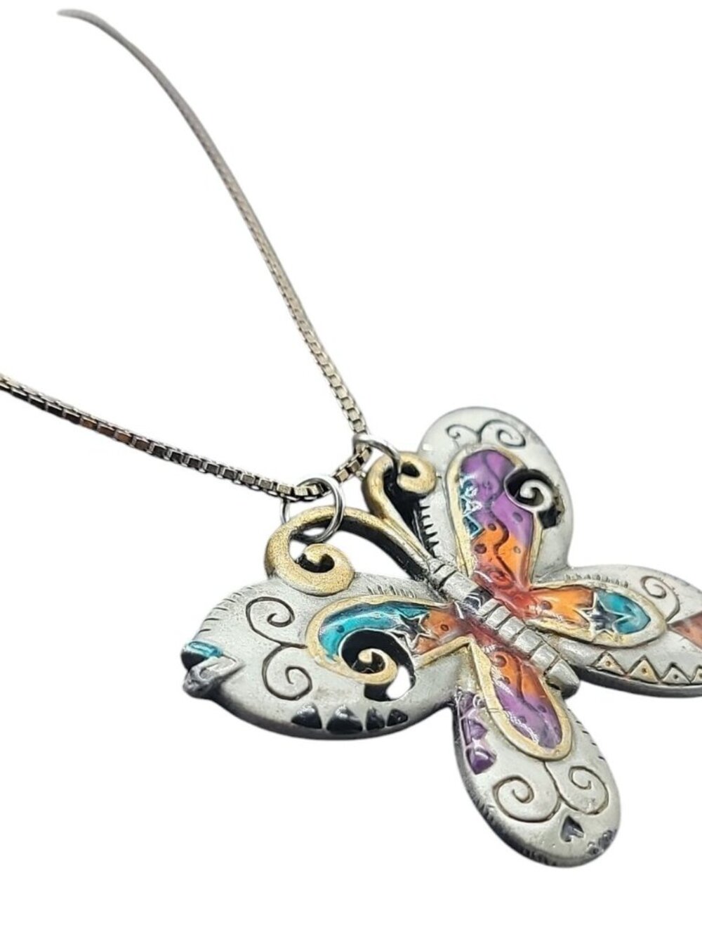 Sterling Silver Butterfly Pendant Necklace Enamel Inlaid 15" 925 Choker Chain - Picture 8 of 16